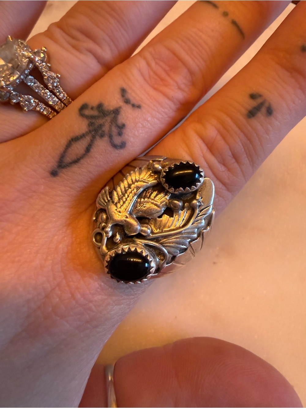 Sterling Silver Eagle Ring with Black Onyx Accents